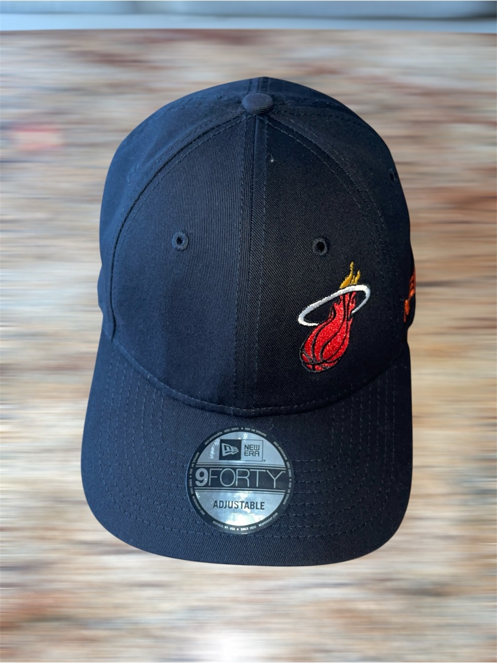New Era NBA Miami Heat Adjustable Hat Black Red Amerant Sponsor Logo